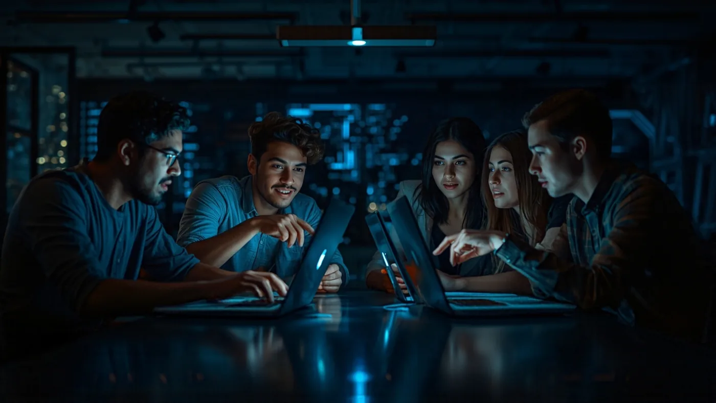 Equipo de jóvenes del Campus trabajando juntos con sus computadores