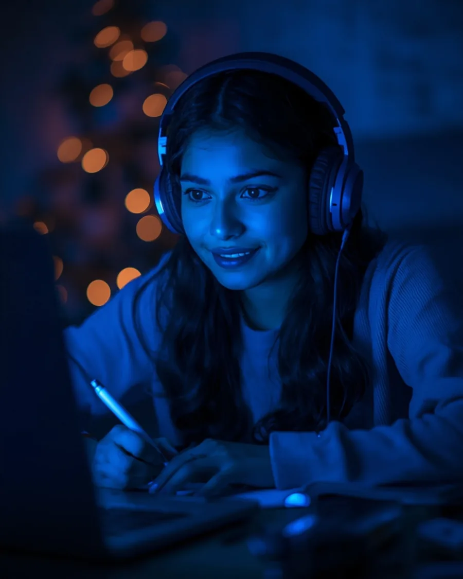 Joven estudiando de noche con audífonos frente a su computador