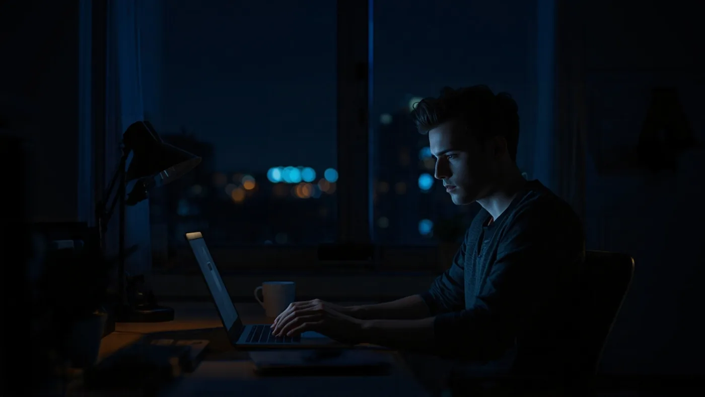Joven participando en el Campus desde su casa, de noche